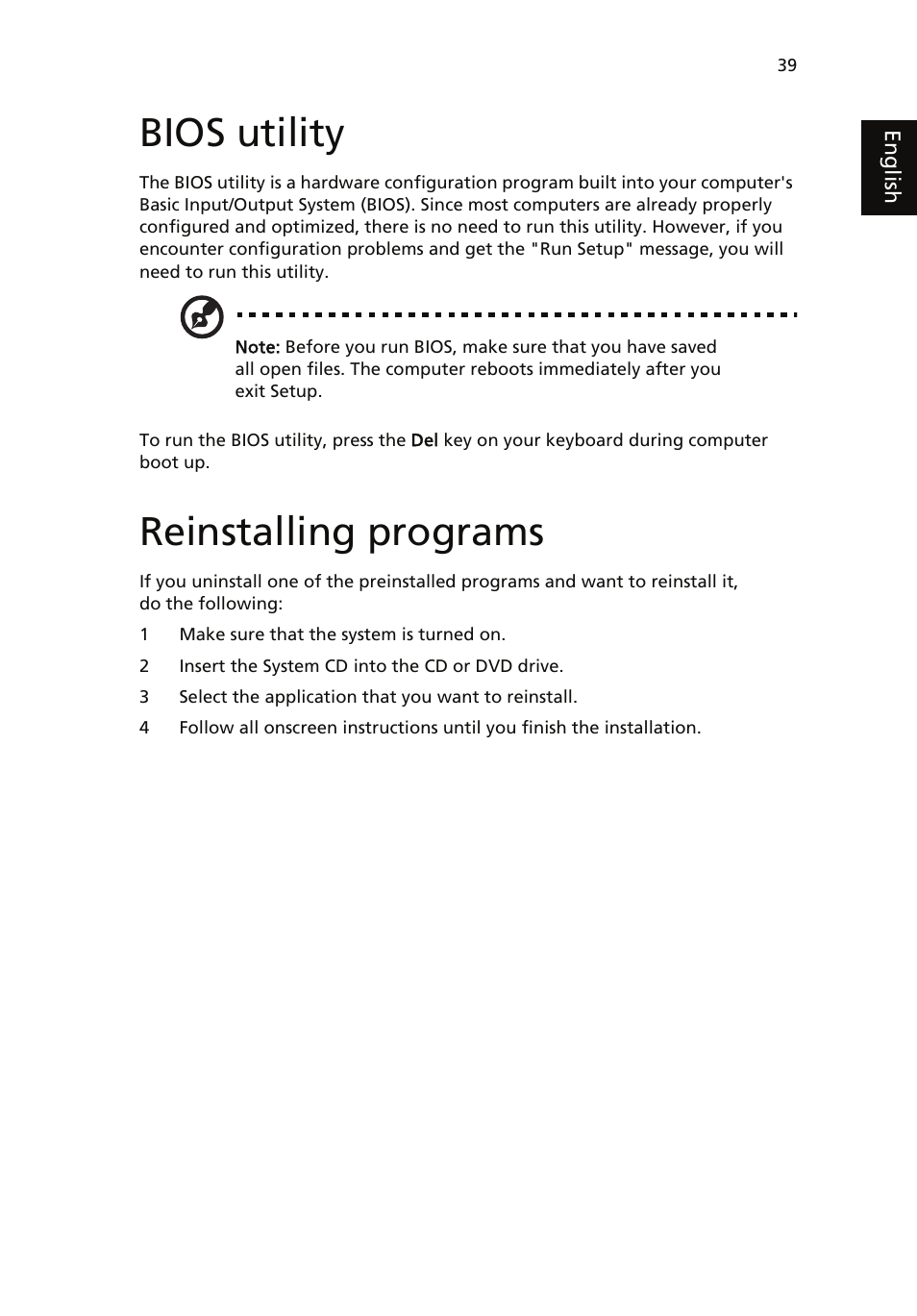 Bios utility, Reinstalling programs | Acer Veriton 1000 User Manual | Page 53 / 73