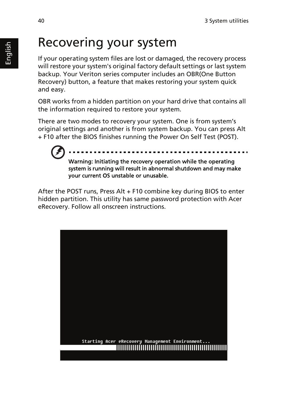 Recovering your system | Acer Veriton 1000 User Manual | Page 54 / 73
