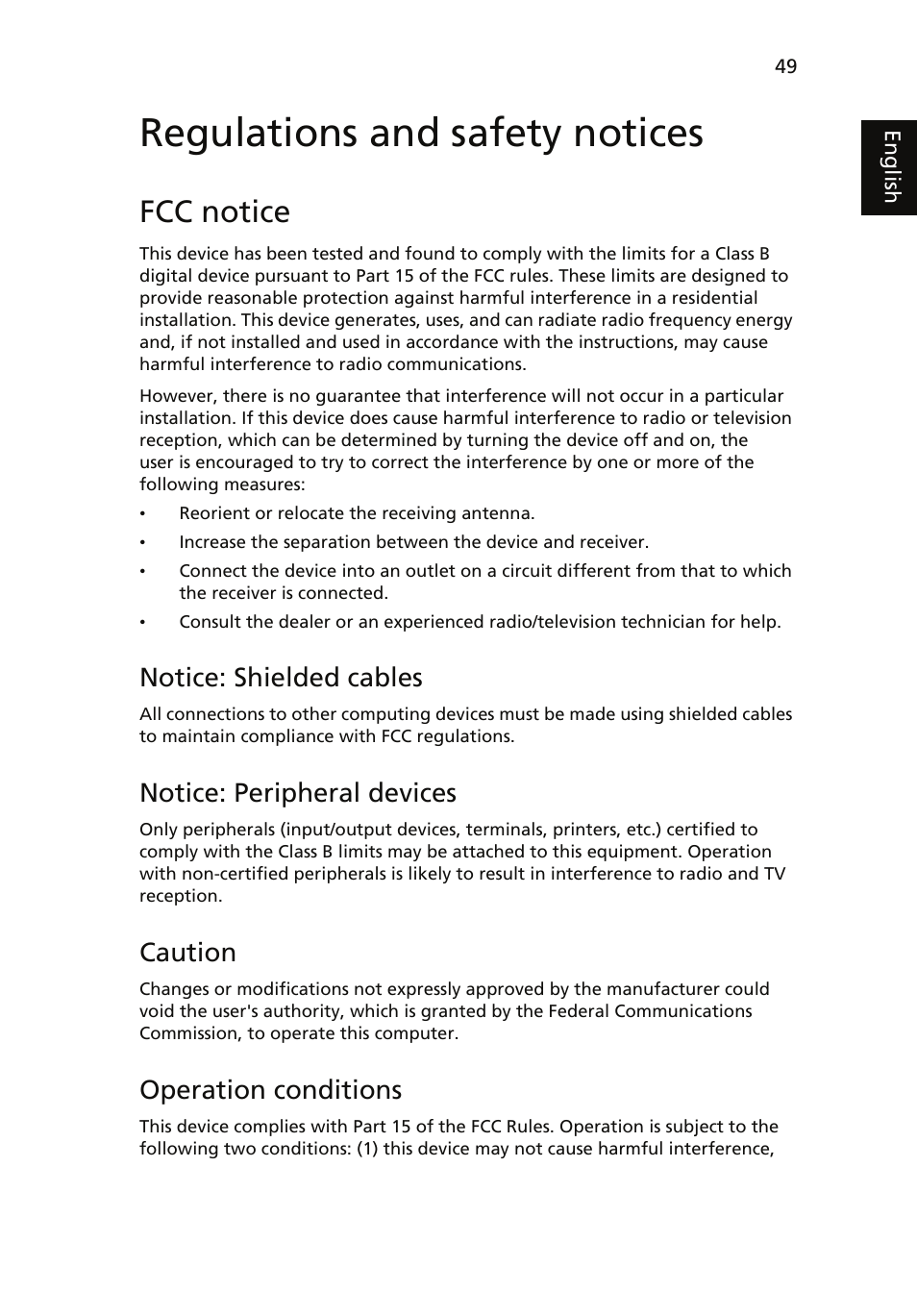 Regulations and safety notices, Fcc notice, Notice: shielded cables | Notice: peripheral devices, Caution, Operation conditions | Acer Veriton 1000 User Manual | Page 63 / 73