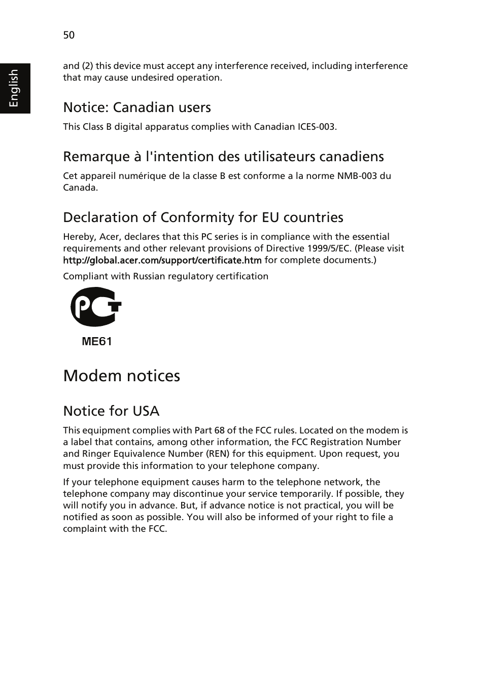 Modem notices, Notice: canadian users, Remarque à l'intention des utilisateurs canadiens | Declaration of conformity for eu countries, Notice for usa | Acer Veriton 1000 User Manual | Page 64 / 73