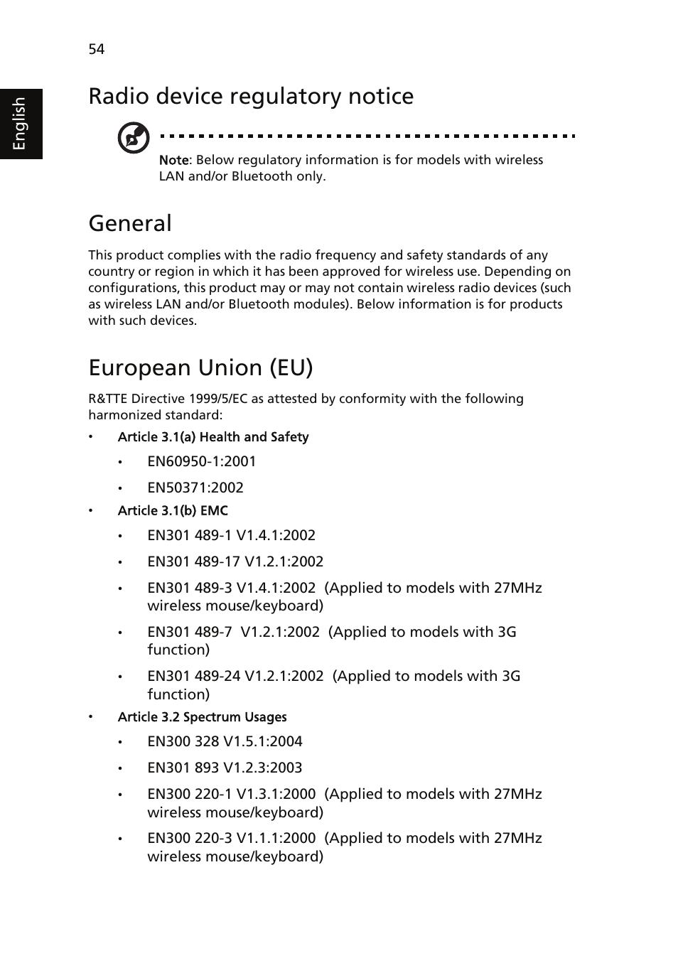 Radio device regulatory notice, General, European union (eu) | Acer Veriton 1000 User Manual | Page 68 / 73