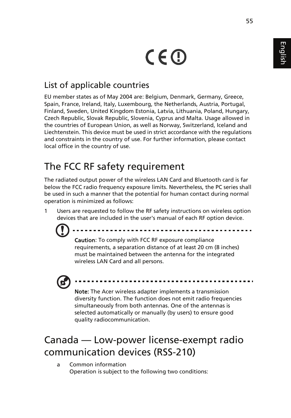 The fcc rf safety requirement, List of applicable countries | Acer Veriton 1000 User Manual | Page 69 / 73