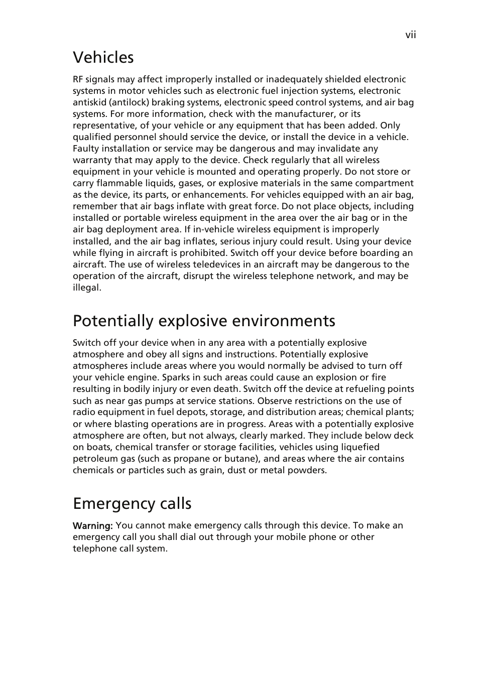 Vehicles, Potentially explosive environments, Emergency calls | Acer Veriton 1000 User Manual | Page 7 / 73
