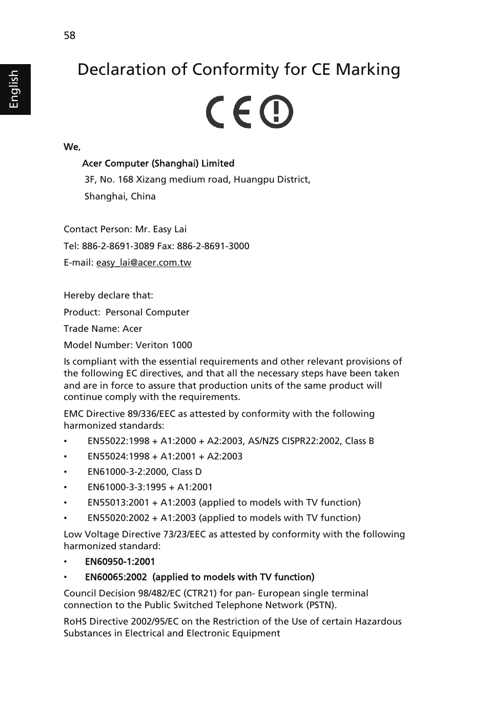 Declaration of conformity for ce marking | Acer Veriton 1000 User Manual | Page 72 / 73