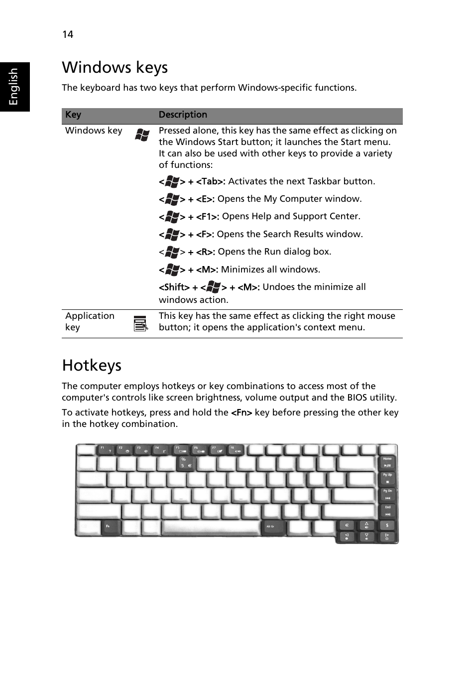 Windows keys, Hotkeys | Acer Extensa 6700 User Manual | Page 22 / 34