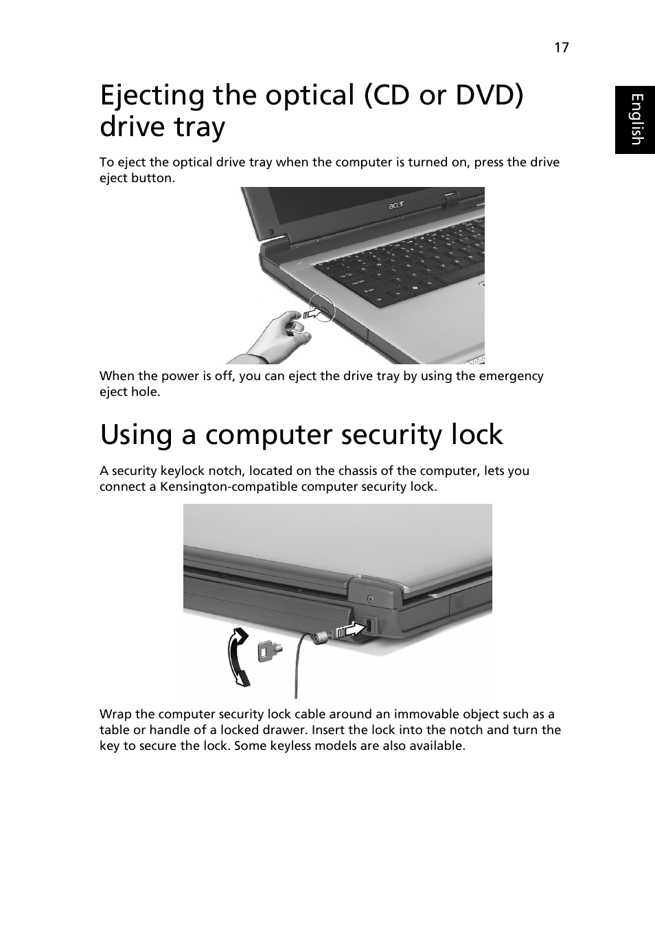 Ejecting the optical (cd or dvd) drive tray, Using a computer security lock | Acer Extensa 6700 User Manual | Page 25 / 34