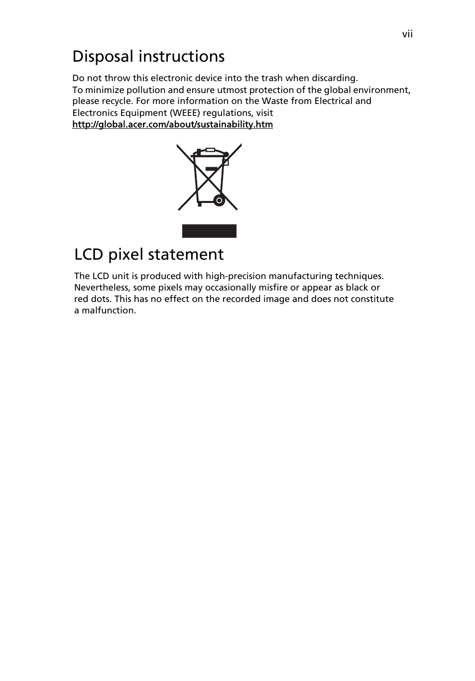 Disposal instructions, Lcd pixel statement | Acer V243HQL User Manual | Page 7 / 26