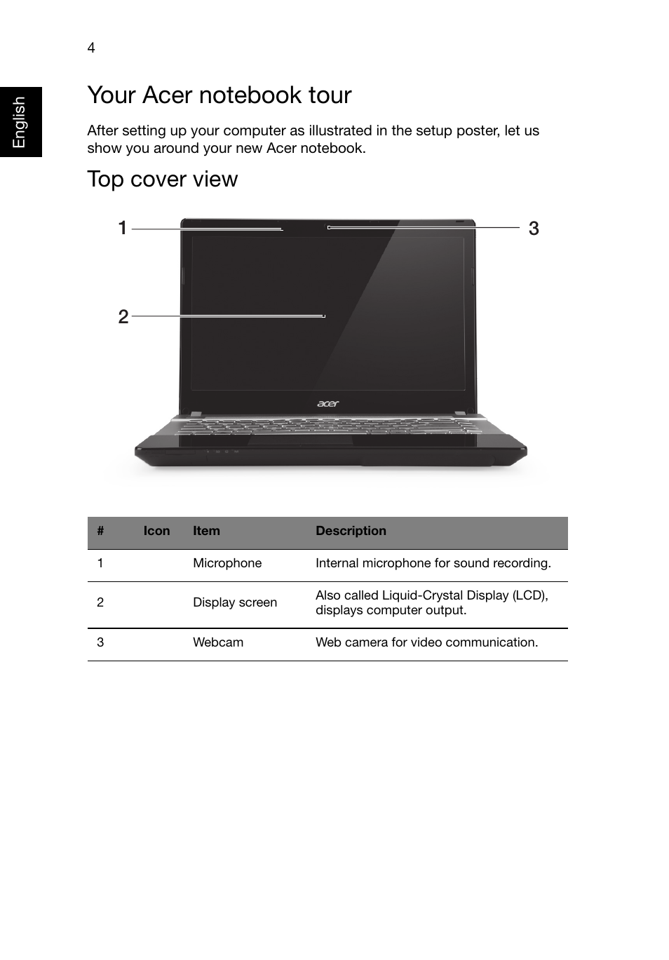 Your acer notebook tour, Top cover view | Acer Aspire V3-471 User Manual | Page 4 / 11