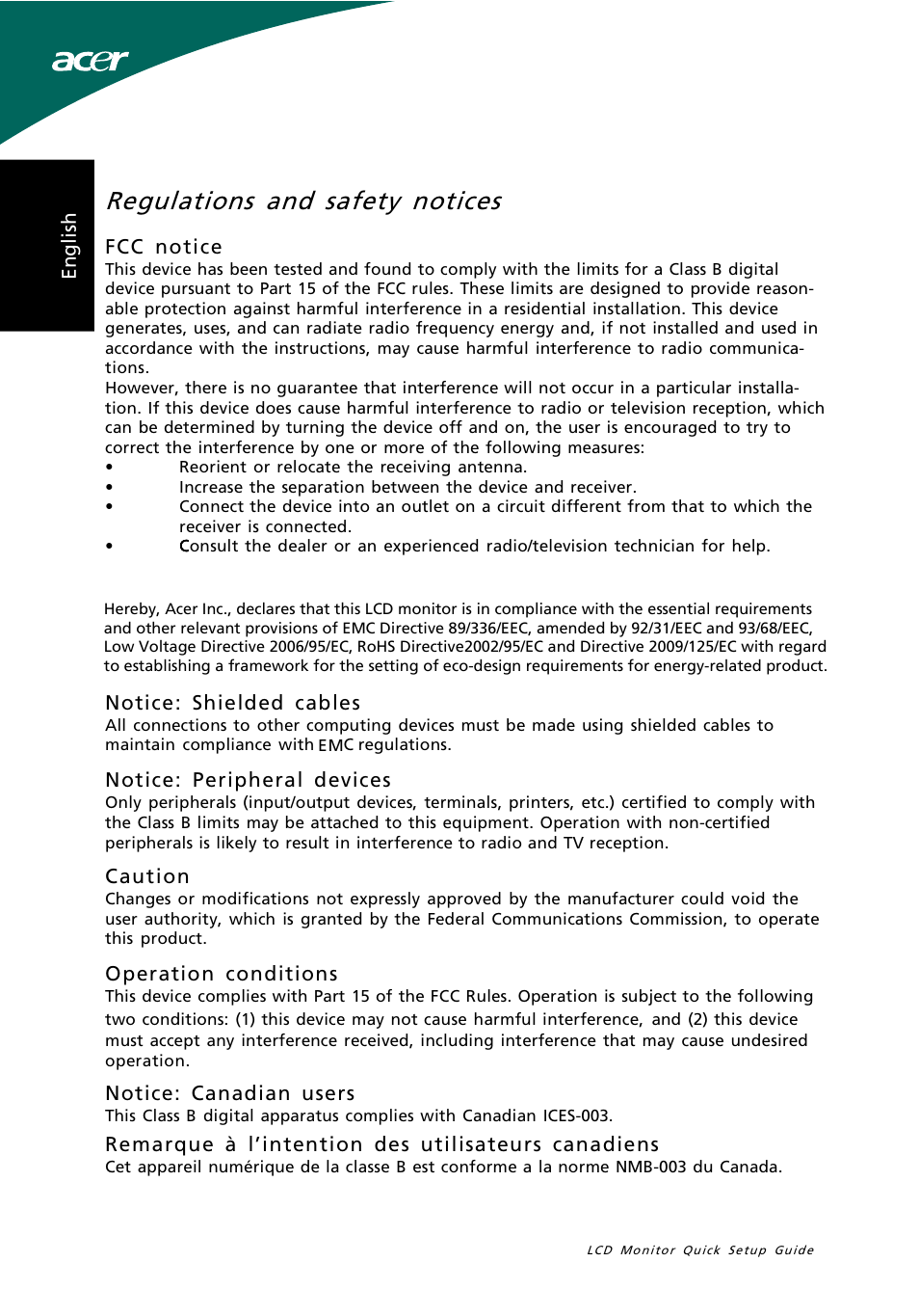 Regulations and safety notices | Acer P206H User Manual | Page 2 / 3