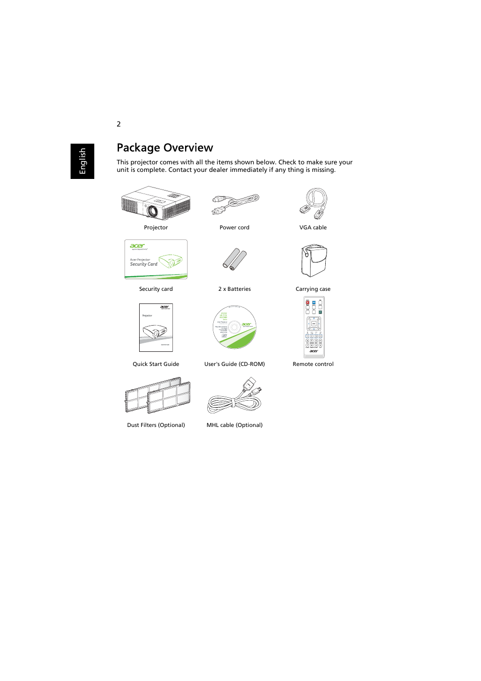 Package overview | Acer H5370BD User Manual | Page 12 / 62