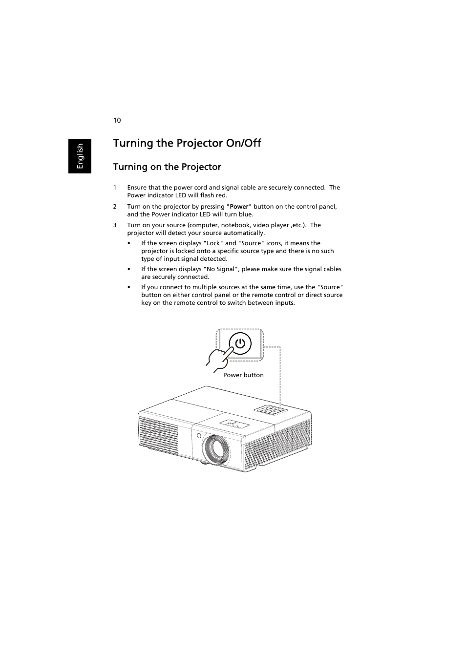 Turning the projector on/off, Turning on the projector | Acer H5370BD User Manual | Page 20 / 62