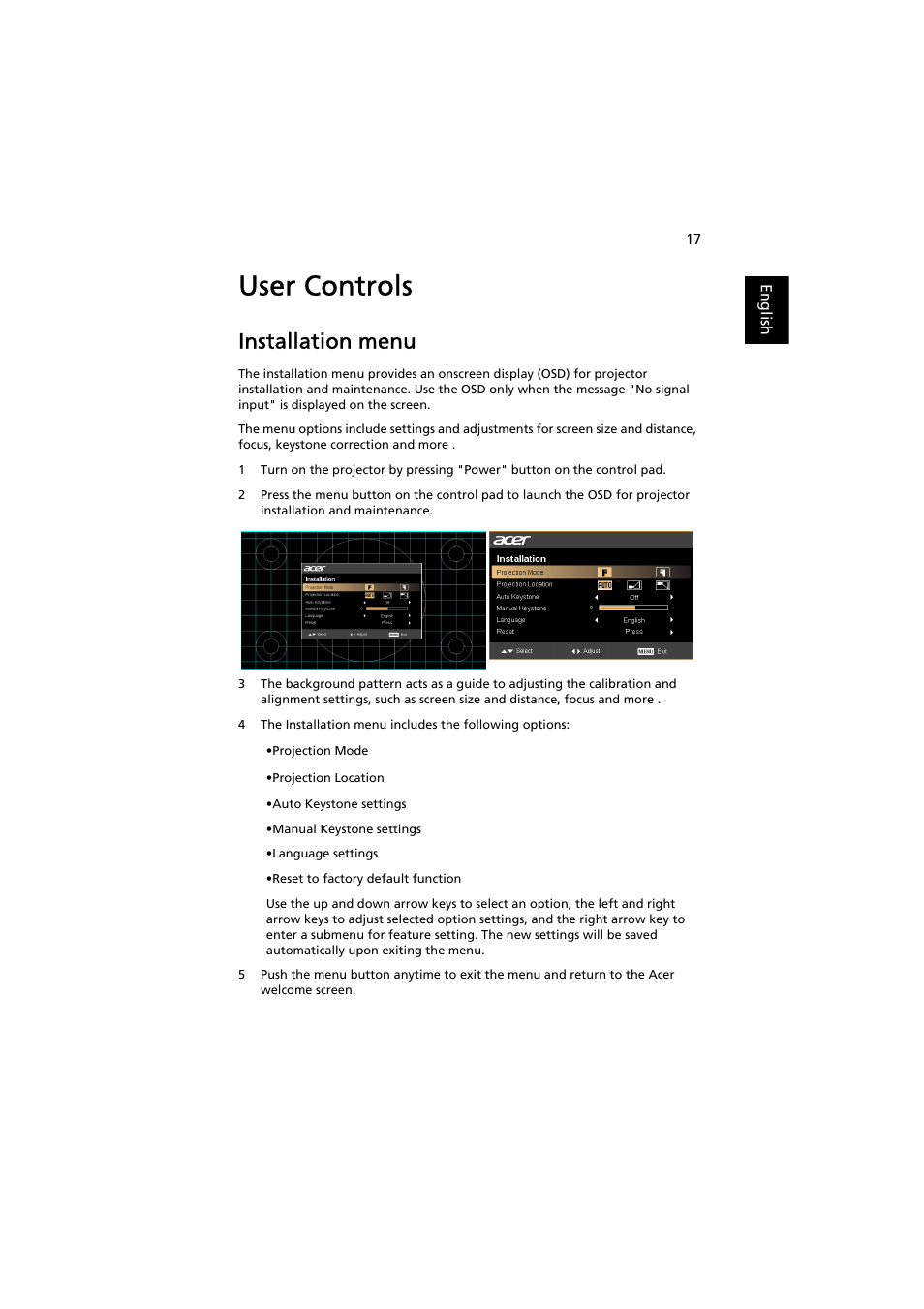 User controls, Installation menu | Acer H5370BD User Manual | Page 27 / 62