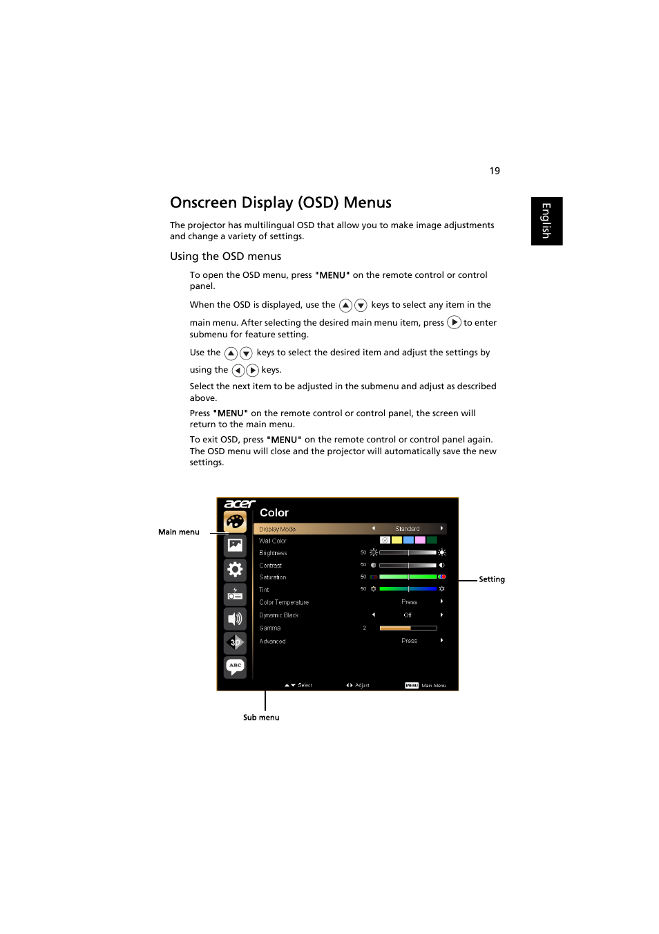 Onscreen display (osd) menus | Acer H5370BD User Manual | Page 29 / 62