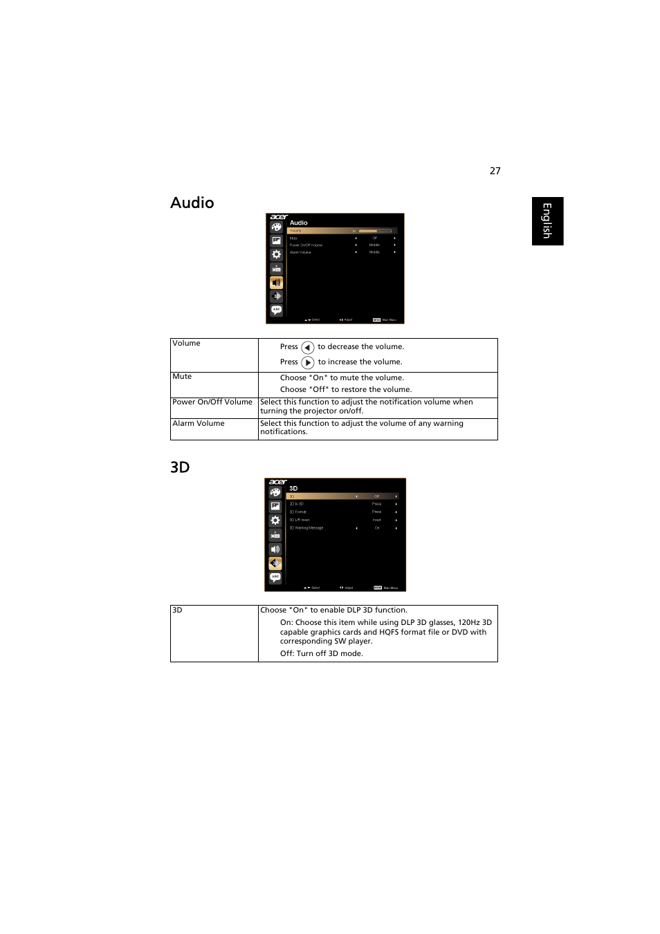 Audio, Audio 3d | Acer H5370BD User Manual | Page 37 / 62