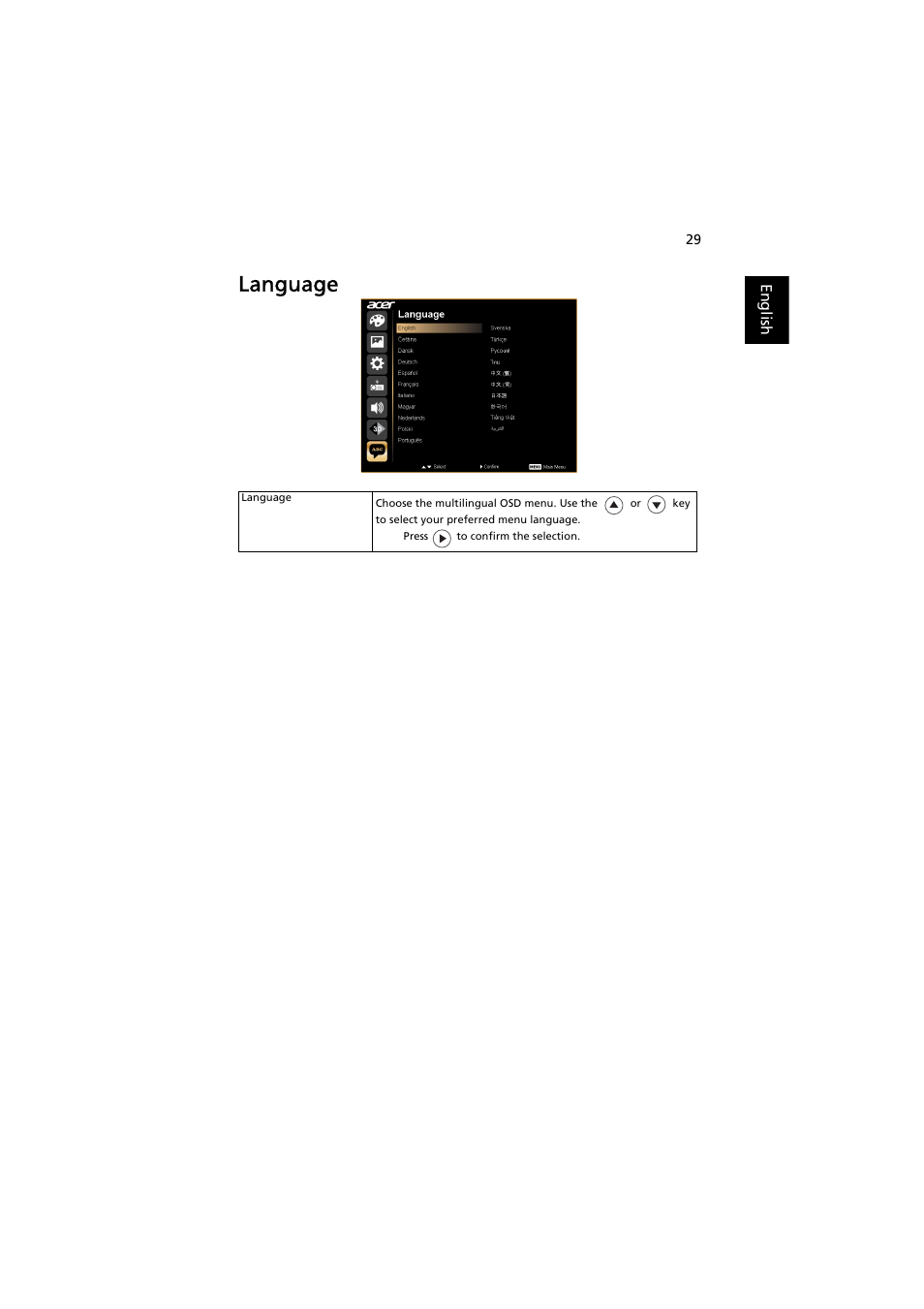 Language | Acer H5370BD User Manual | Page 39 / 62