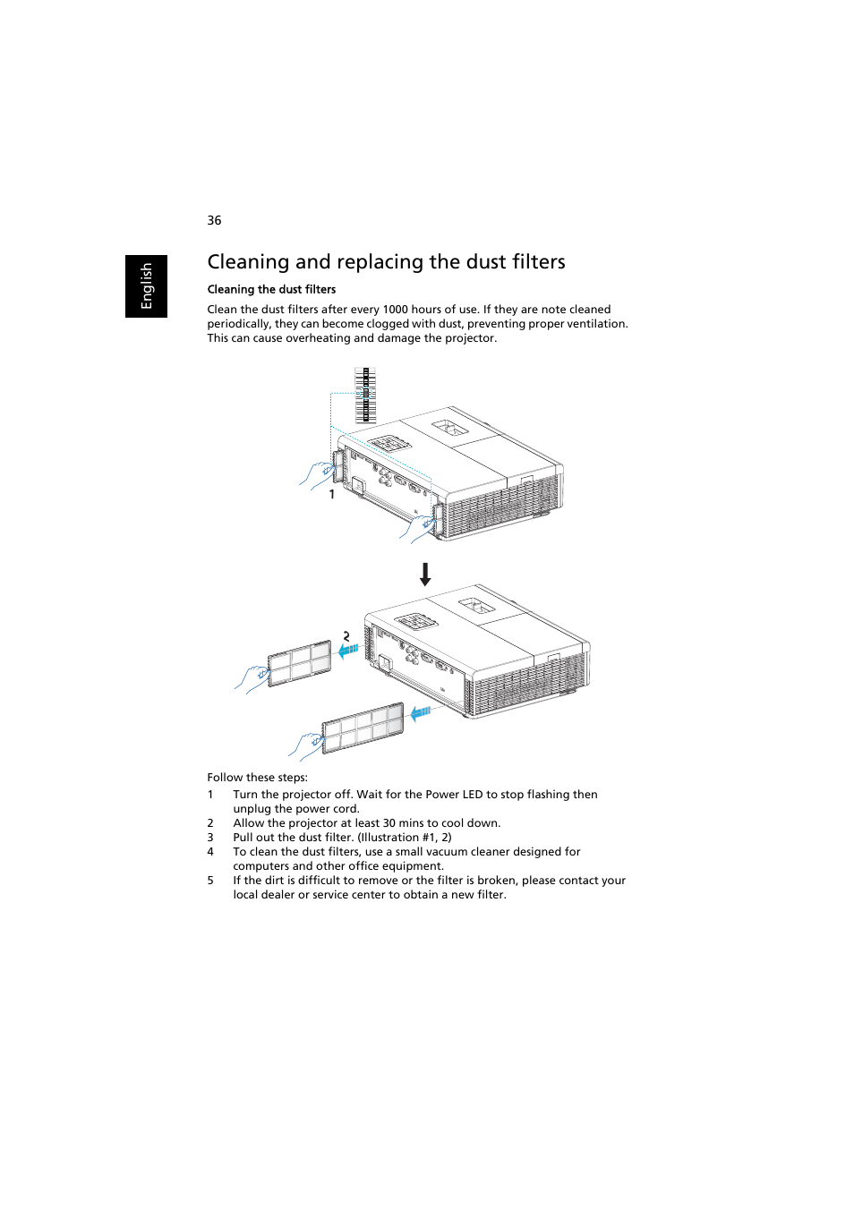 Cleaning and replacing the dust filters | Acer H5370BD User Manual | Page 46 / 62