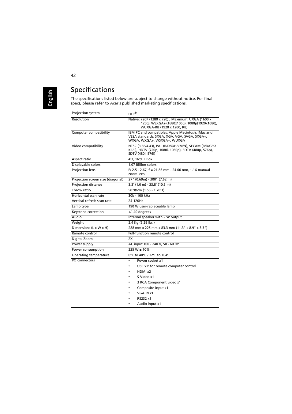 Specifications, En gl ish | Acer H5370BD User Manual | Page 52 / 62