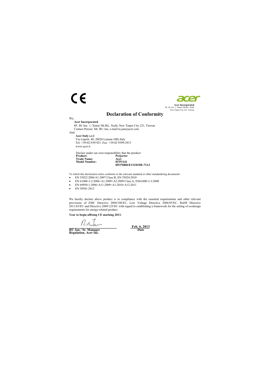 Declaration of conformity | Acer H5370BD User Manual | Page 61 / 62