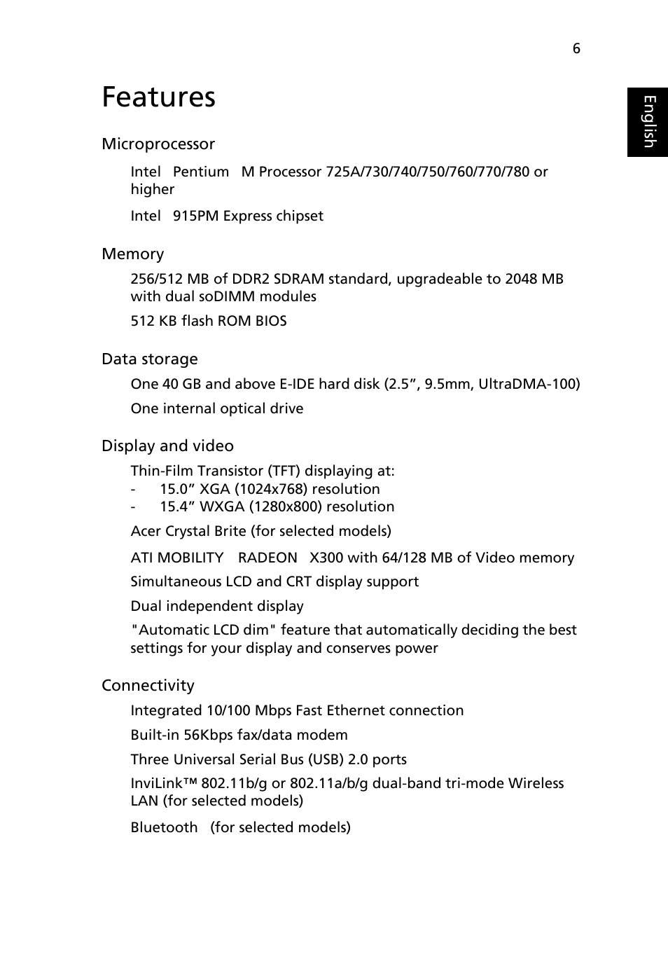 Features | Acer Aspire 1650 User Manual | Page 17 / 75