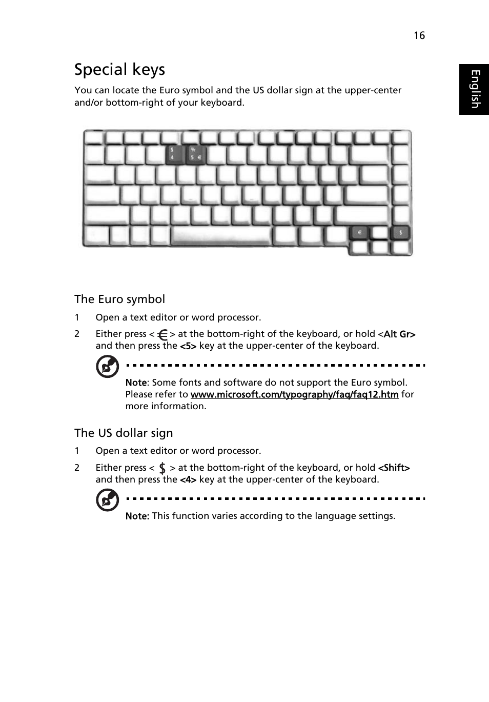 Special keys | Acer Aspire 1650 User Manual | Page 27 / 75