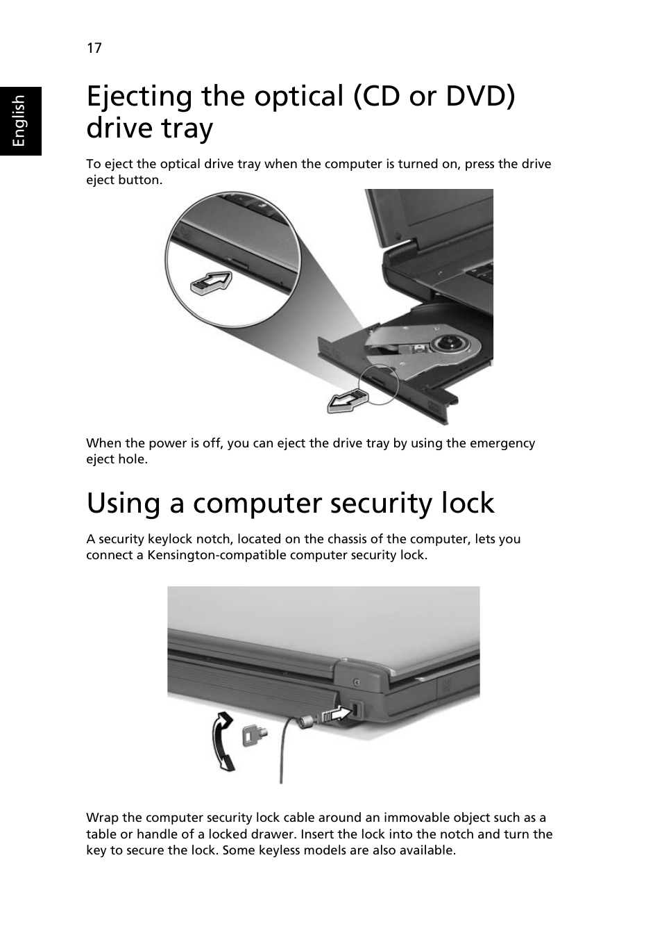 Ejecting the optical (cd or dvd) drive tray, Using a computer security lock | Acer Aspire 1650 User Manual | Page 28 / 75