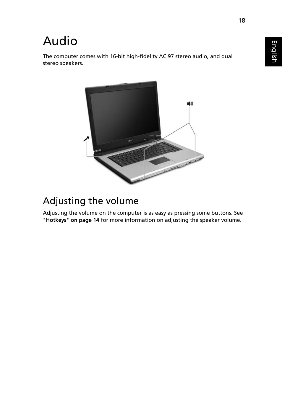 Audio, Adjusting the volume | Acer Aspire 1650 User Manual | Page 29 / 75