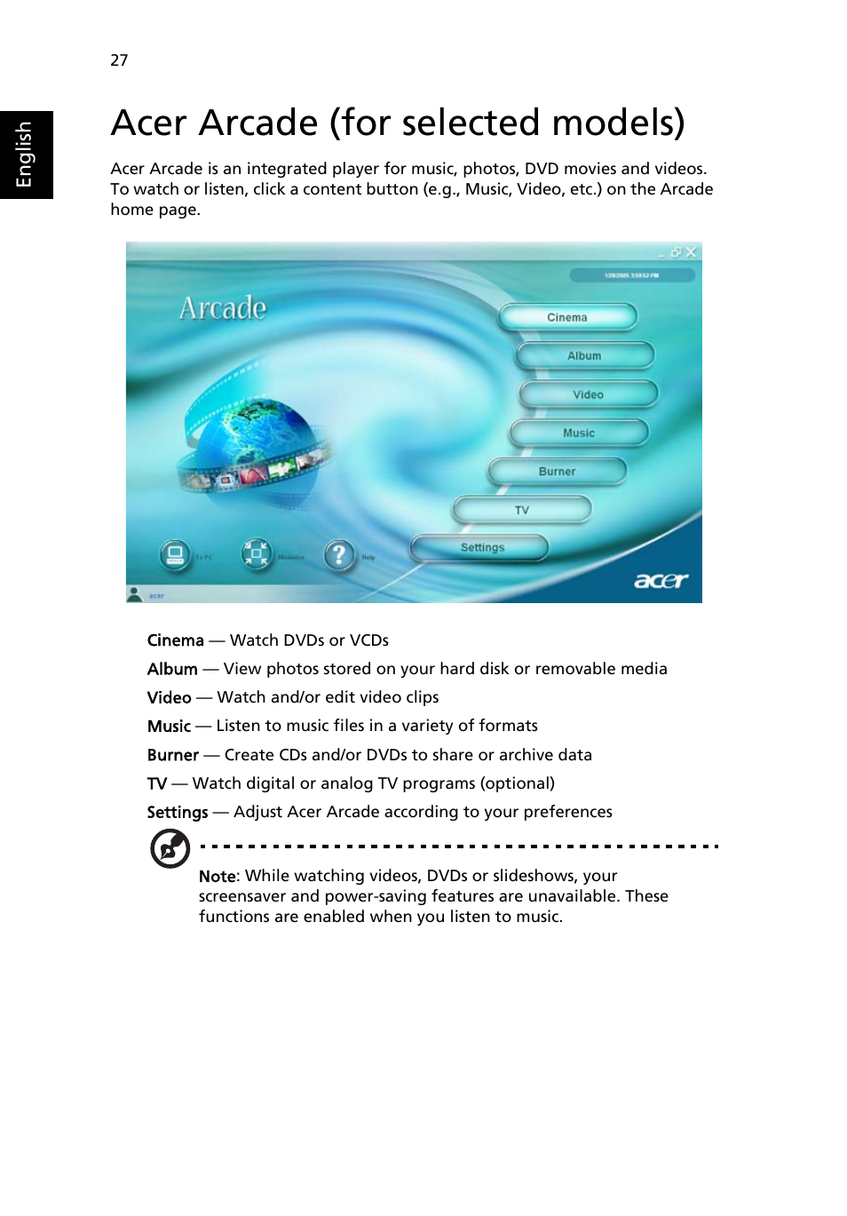 Acer arcade (for selected models) | Acer Aspire 1650 User Manual | Page 38 / 75