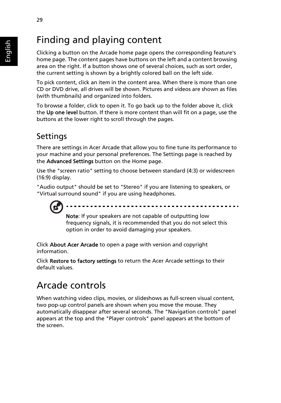 Finding and playing content, Arcade controls, Settings | Acer Aspire 1650 User Manual | Page 40 / 75