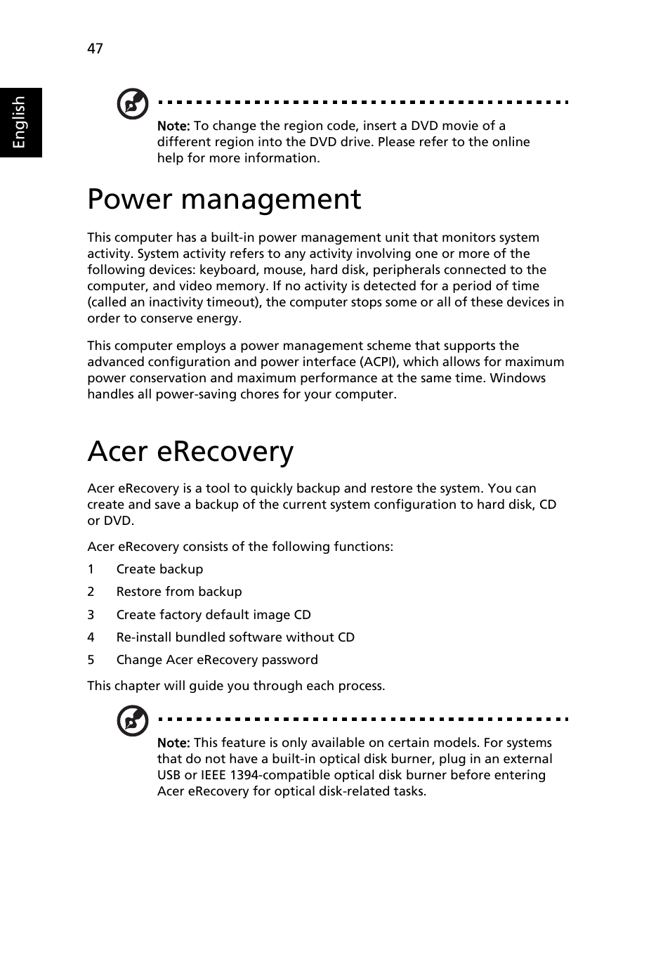Power management, Acer erecovery | Acer Aspire 1650 User Manual | Page 58 / 75
