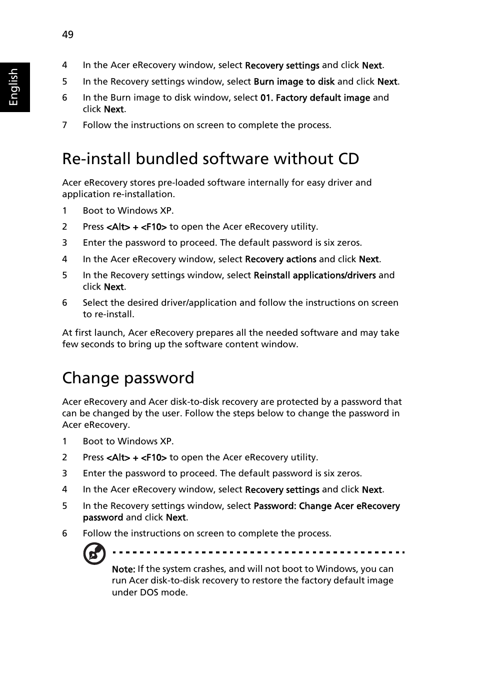 Re-install bundled software without cd, Change password | Acer Aspire 1650 User Manual | Page 60 / 75