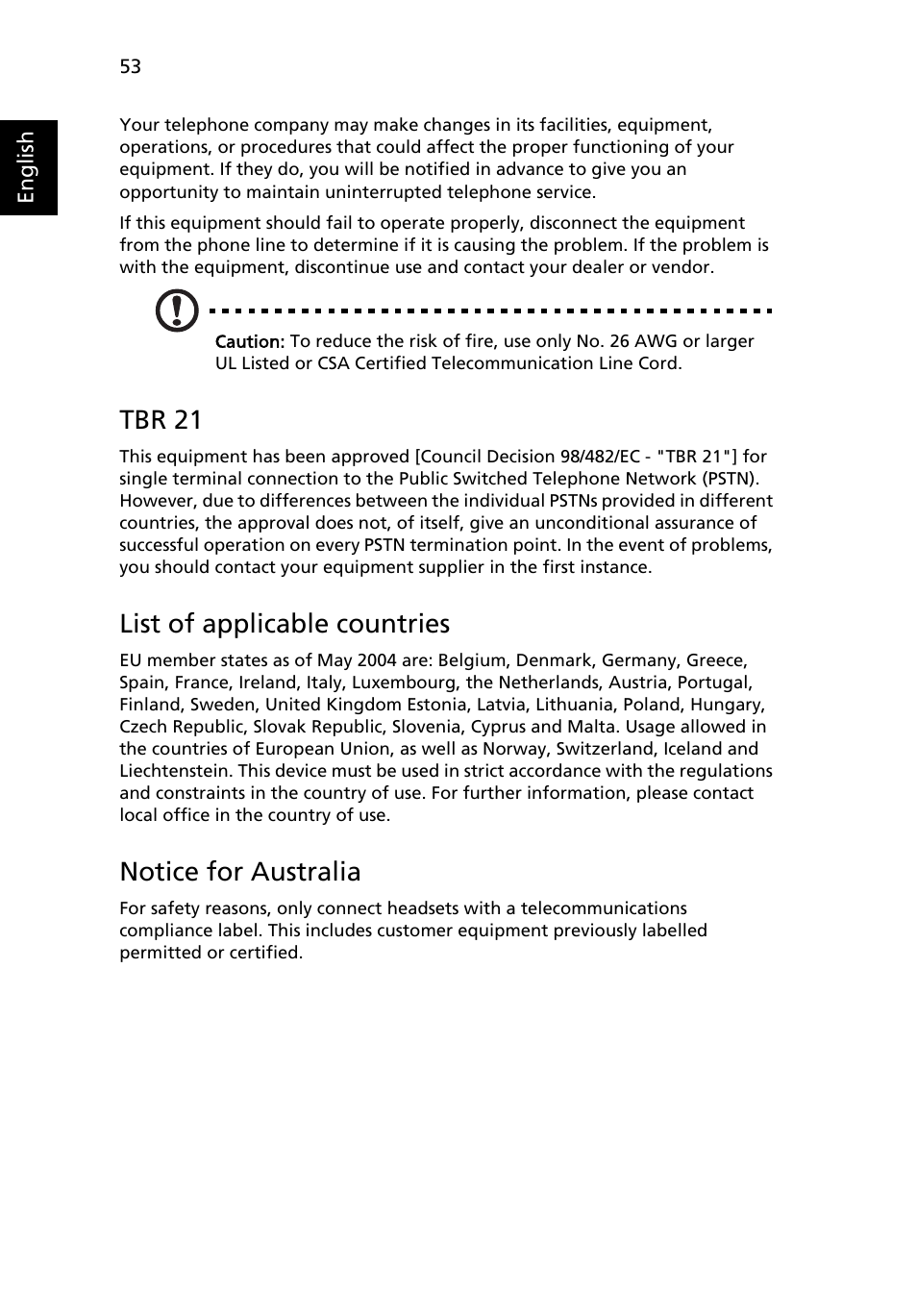 Tbr 21, List of applicable countries, Notice for australia | Acer Aspire 1650 User Manual | Page 64 / 75