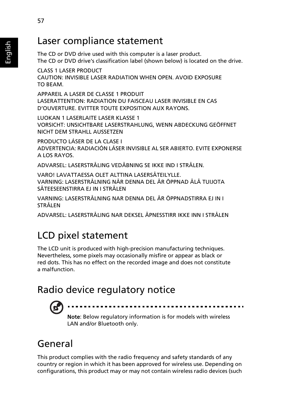Laser compliance statement, Lcd pixel statement, Radio device regulatory notice | General | Acer Aspire 1650 User Manual | Page 68 / 75