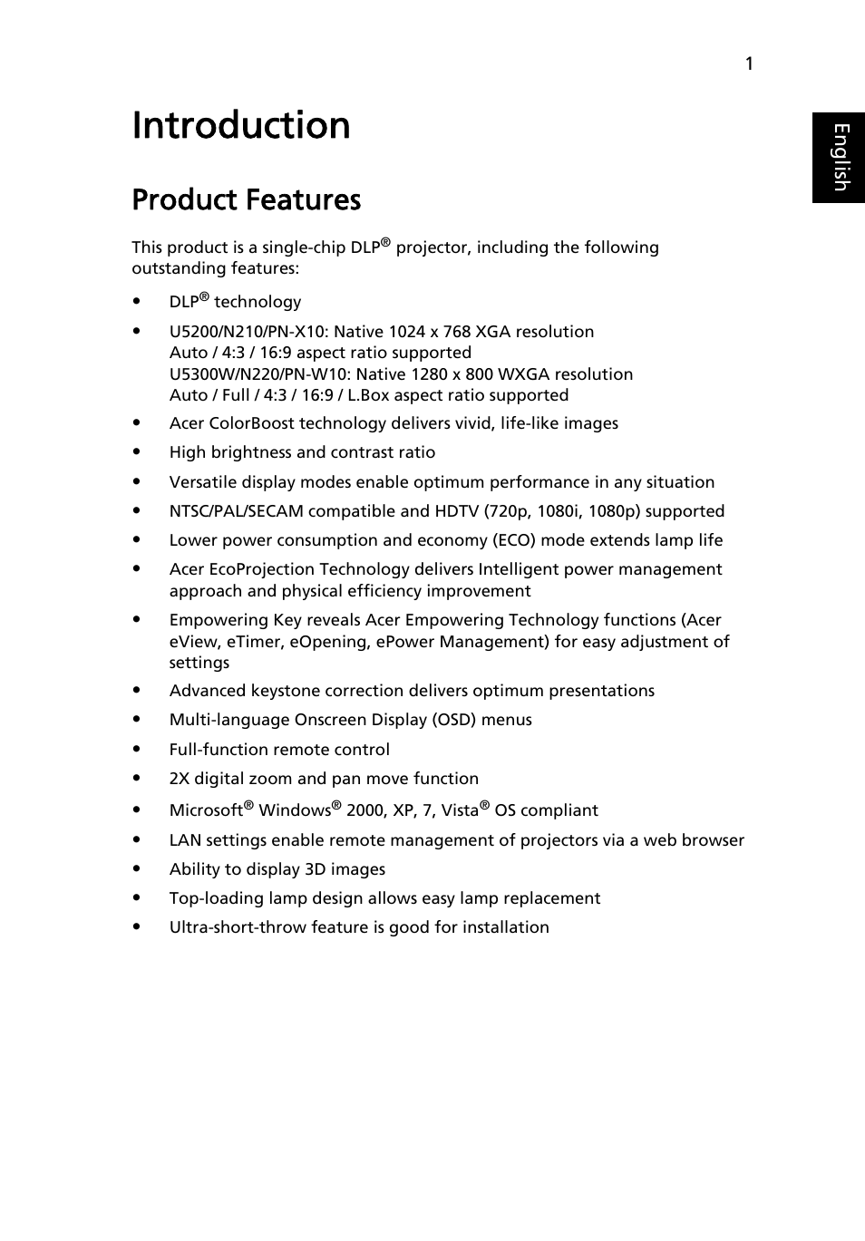Introduction, Product features | Acer U5200 User Manual | Page 11 / 59