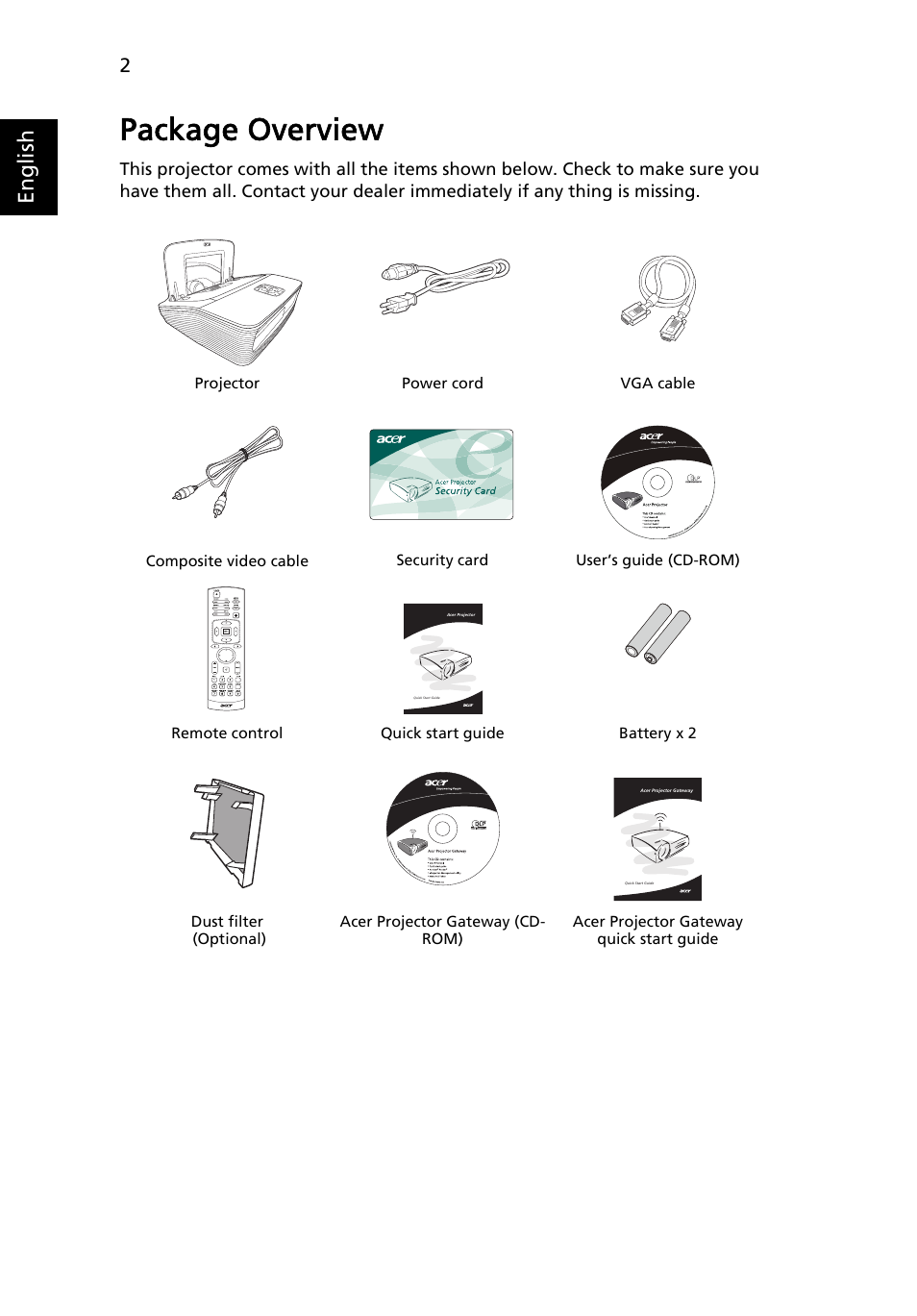 Package overview, English | Acer U5200 User Manual | Page 12 / 59