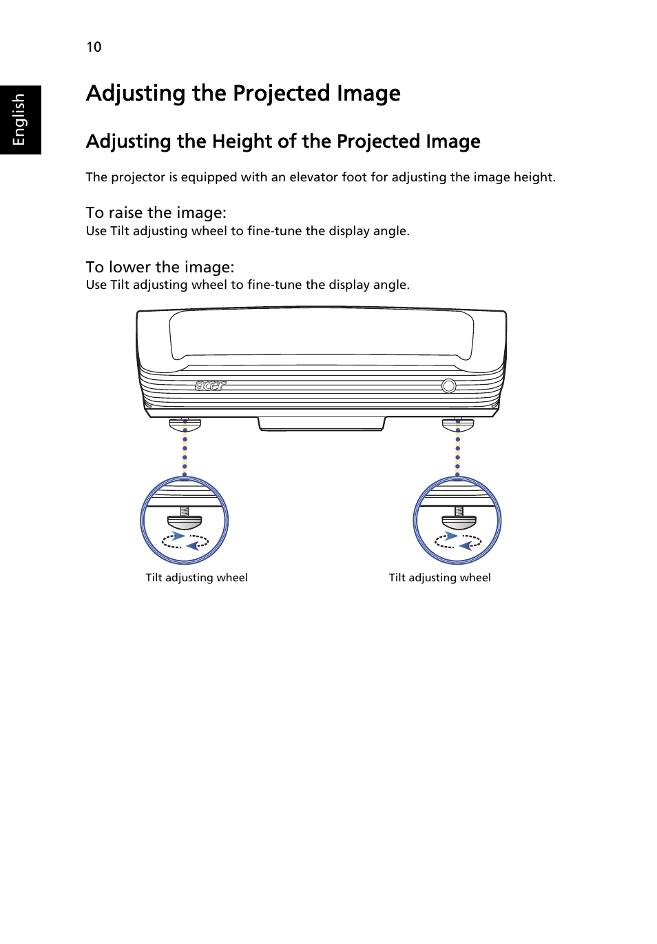 Adjusting the projected image, Adjusting the height of the projected image | Acer U5200 User Manual | Page 20 / 59