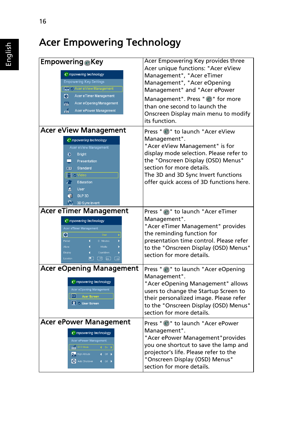 Acer empowering technology | Acer U5200 User Manual | Page 26 / 59