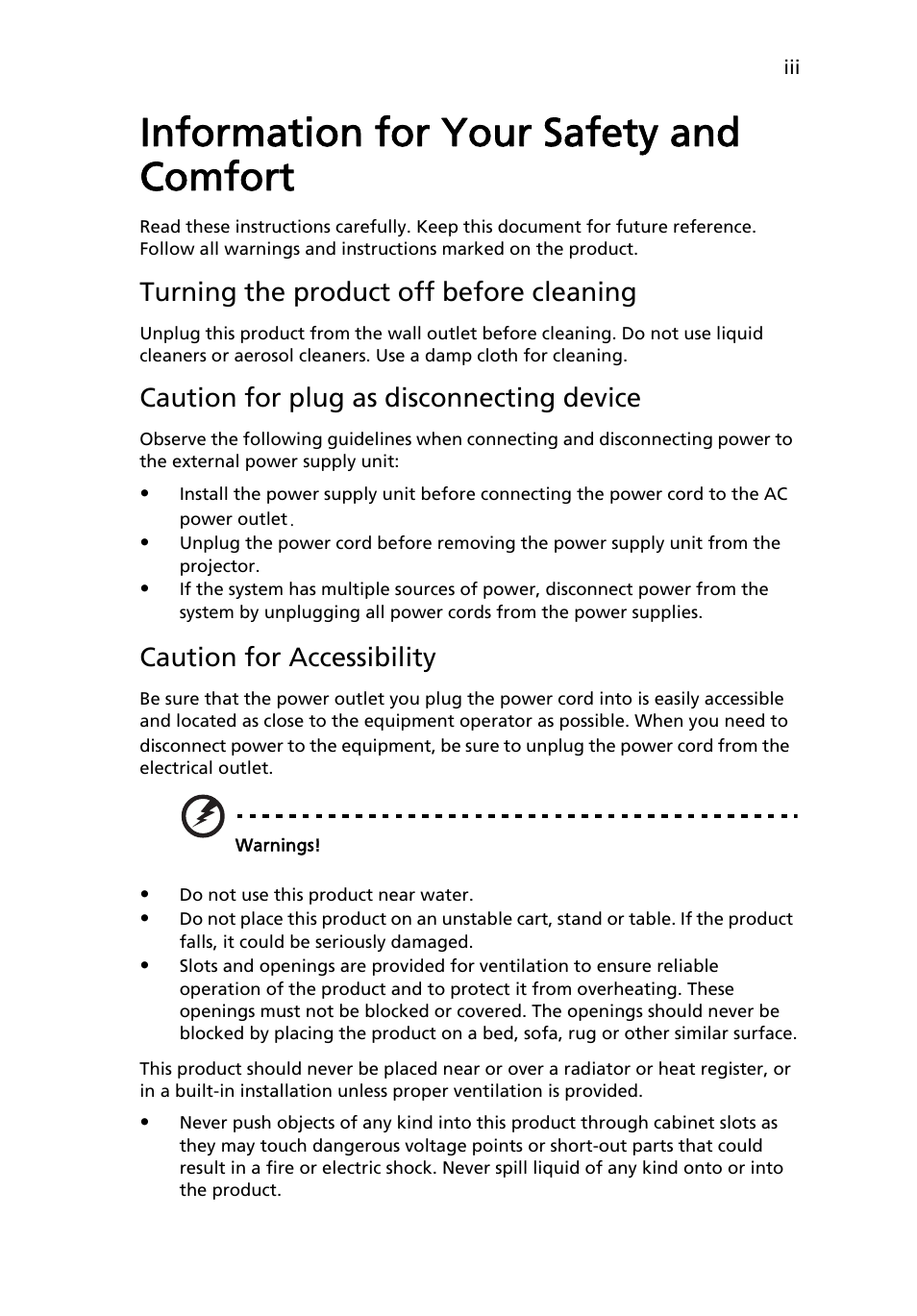 Information for your safety and comfort, Turning the product off before cleaning, Caution for plug as disconnecting device | Caution for accessibility | Acer U5200 User Manual | Page 3 / 59