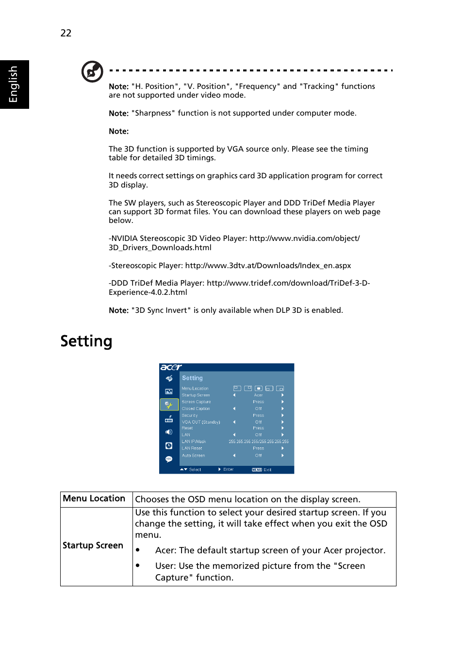 Setting, English | Acer U5200 User Manual | Page 32 / 59