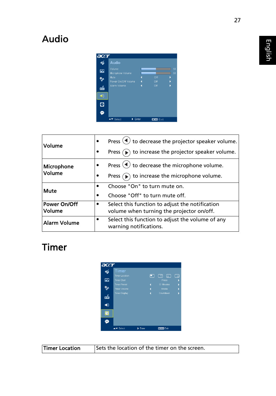 Audio, Timer, Audio timer | Acer U5200 User Manual | Page 37 / 59