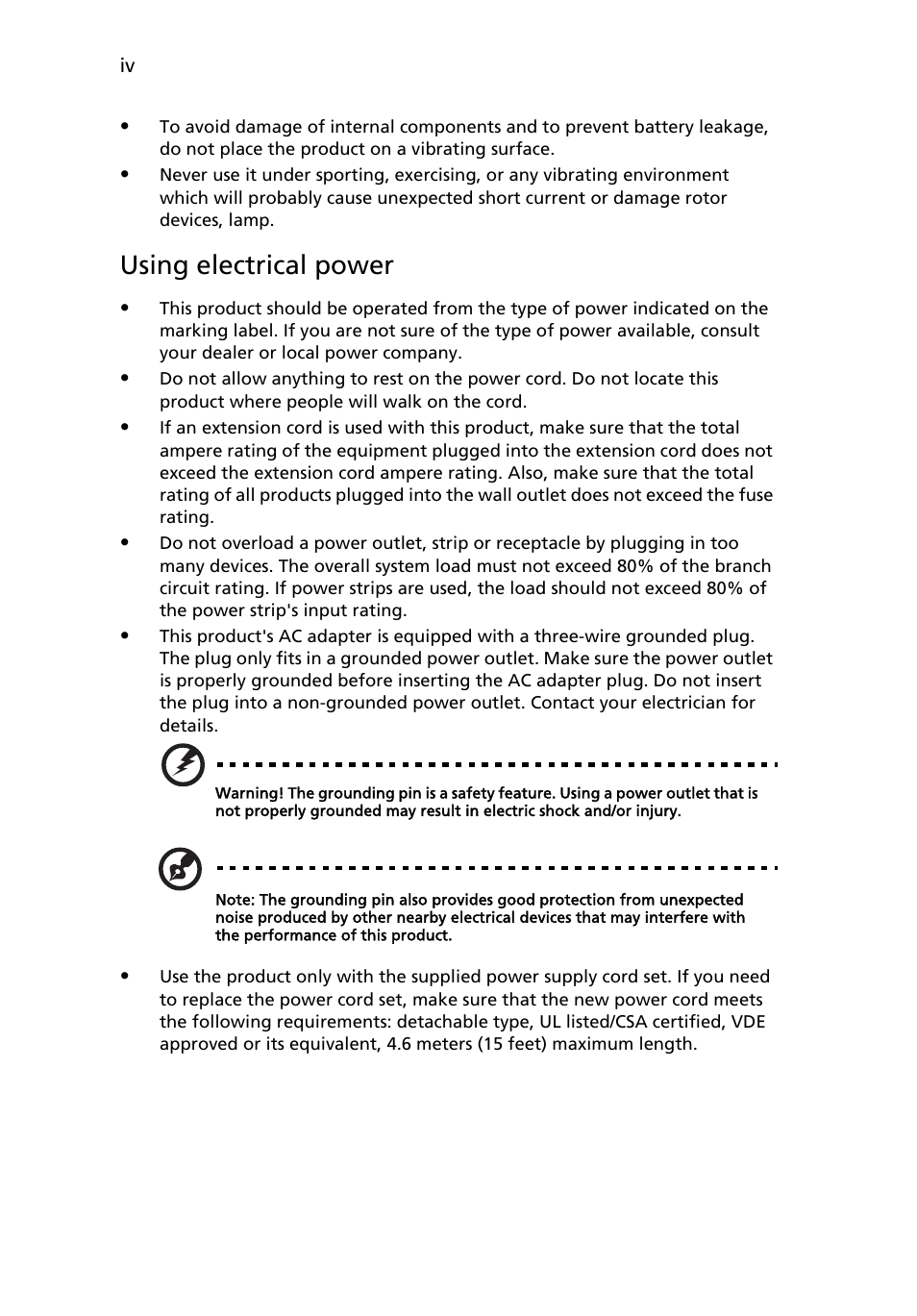 Using electrical power | Acer U5200 User Manual | Page 4 / 59