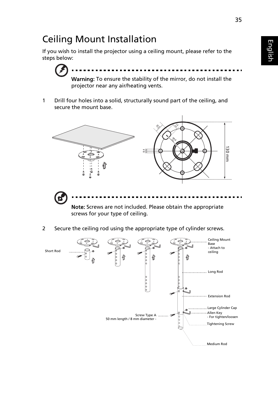 Ceiling mount installation, Eng lis h | Acer U5200 User Manual | Page 45 / 59