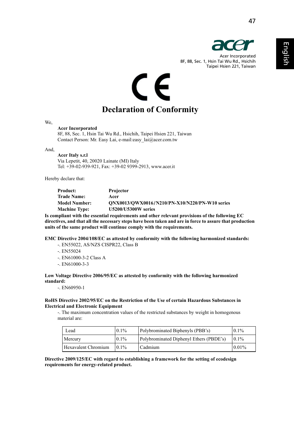 Declaration of conformity, Eng lish eng lis h | Acer U5200 User Manual | Page 57 / 59