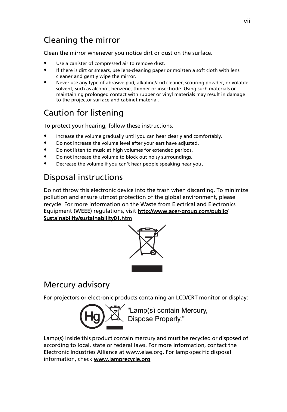 Cleaning the mirror, Caution for listening, Disposal instructions | Mercury advisory | Acer U5200 User Manual | Page 7 / 59