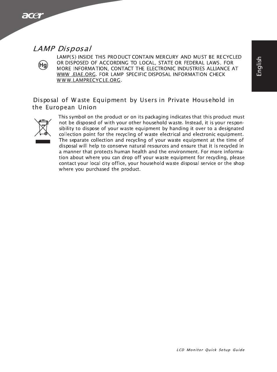 Lamp disposal | Acer X163W User Manual | Page 3 / 3