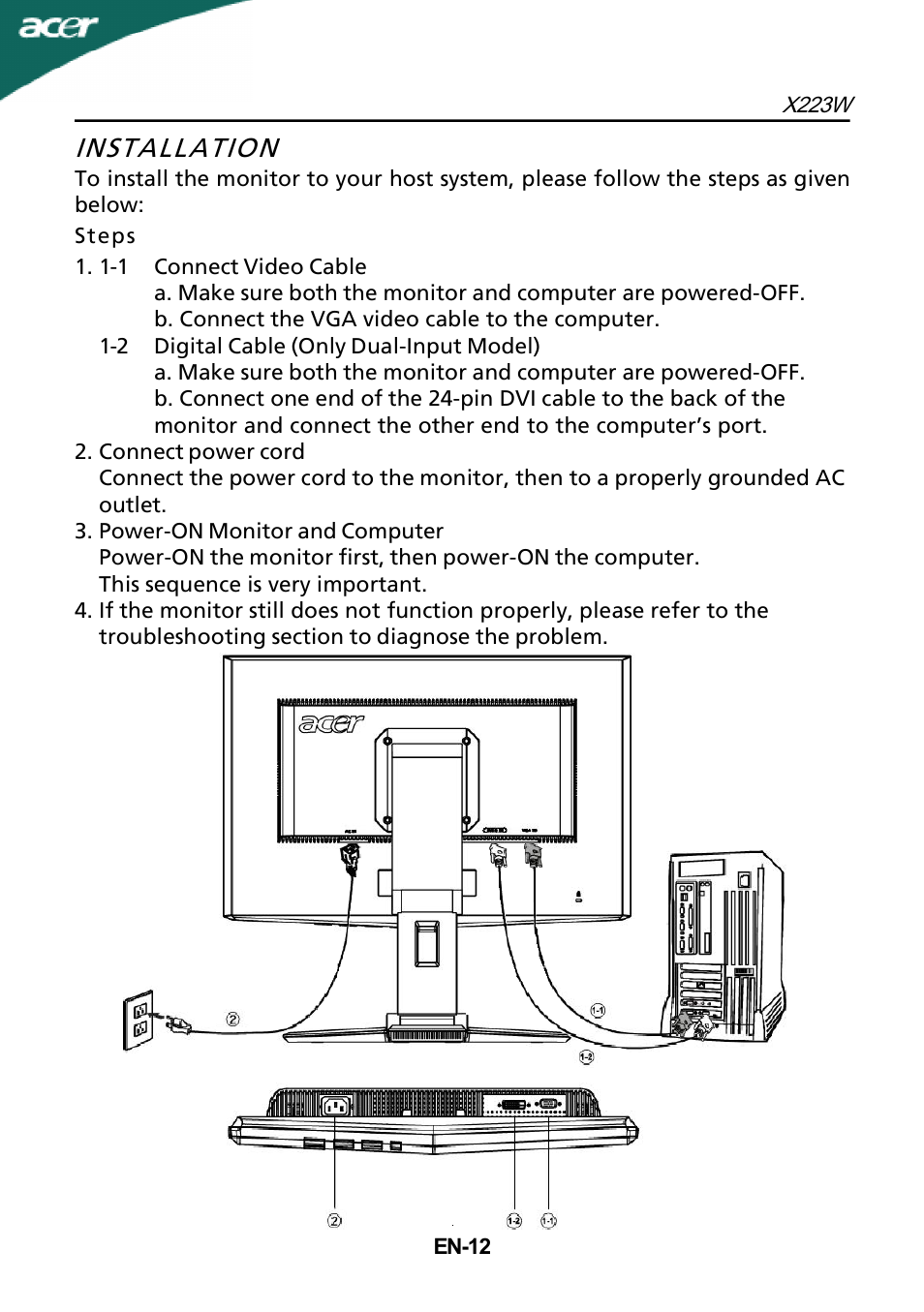 Installation | Acer X223W User Manual | Page 13 / 25