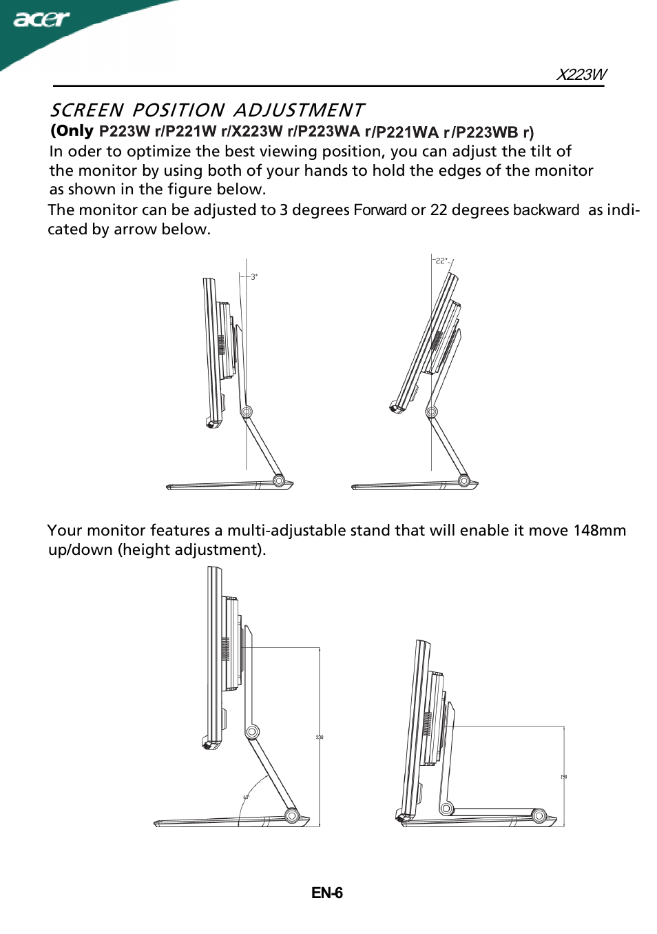 Screen position adjustment | Acer X223W User Manual | Page 7 / 25