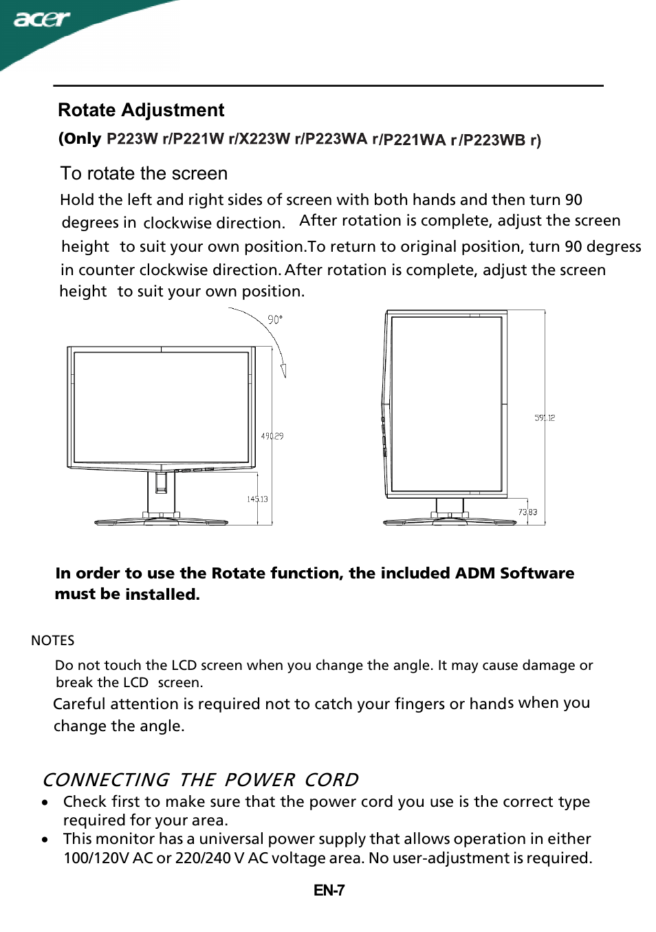 Connecting the power cord, Rotate adjustment to rotate the screen | Acer X223W User Manual | Page 8 / 25