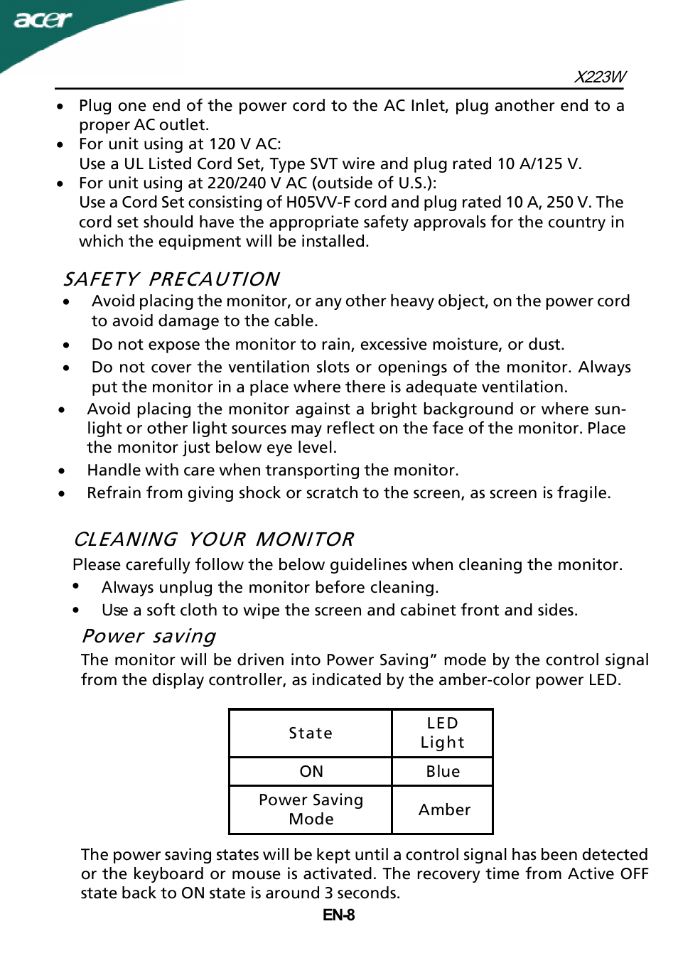 C leaning your monitor, Power saving, Safety precaution | Acer X223W User Manual | Page 9 / 25