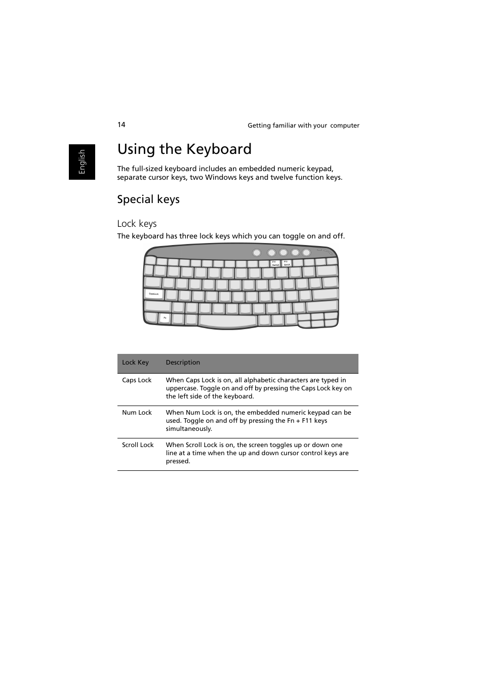 Using the keyboard, Special keys, Lock keys | Acer Ferrari 3000 User Manual | Page 24 / 99