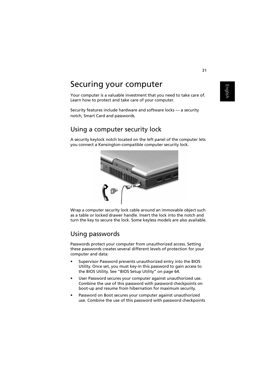 Securing your computer, Using a computer security lock, Using passwords | Acer Ferrari 3000 User Manual | Page 41 / 99